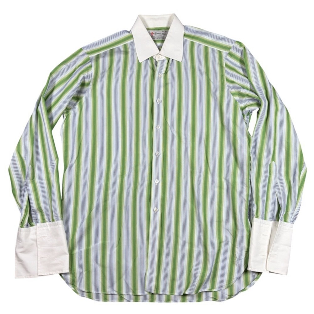 Turnbull & Asser Dress Shirt Mens 16.5-42 Green Striped French Cuffs England